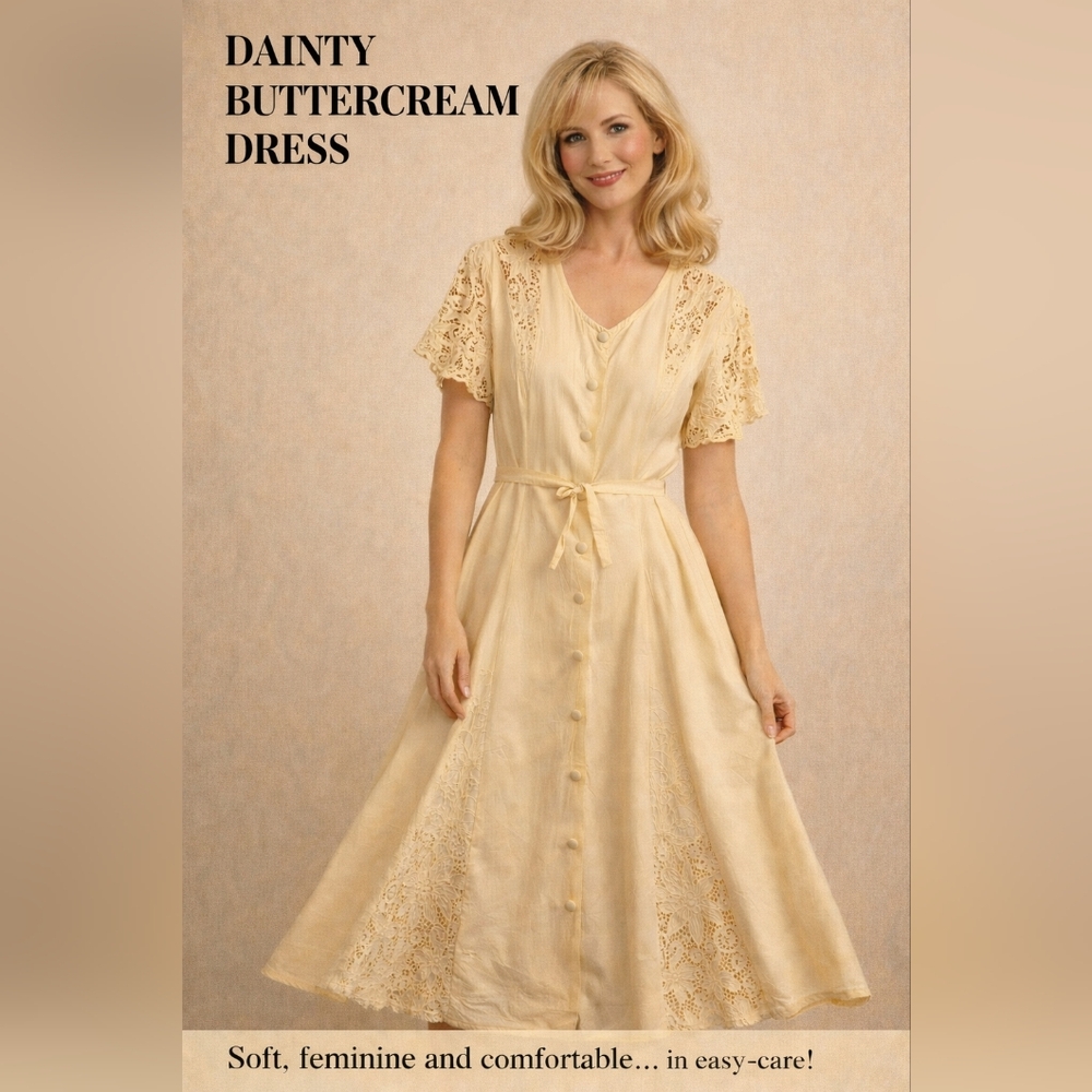 Vintage Dainty Buttercream Lace Sleeve Button-Down Dress Fit n' Flare style